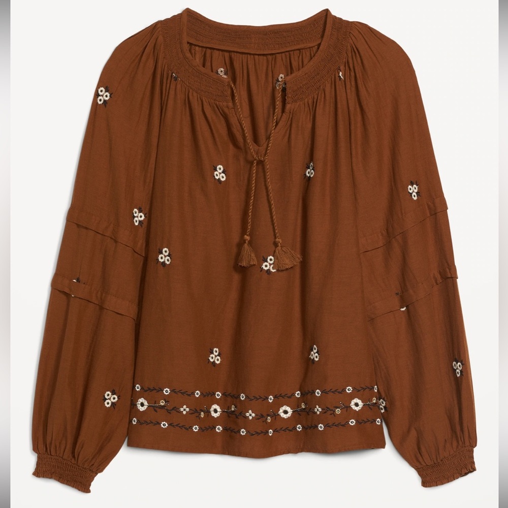 Floral-Embroidered Smocked Tie-Neck